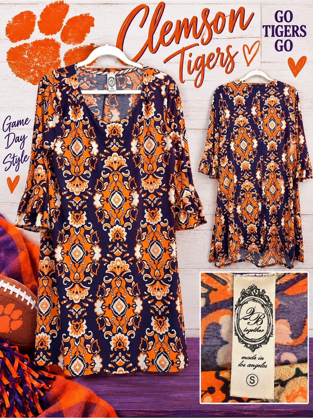 2B Together Clemson Colors Orange Purple Game Day Dress Size Small